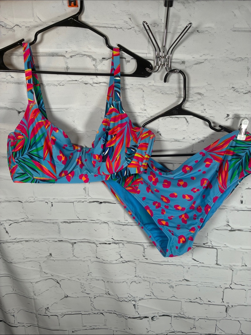 Blue Tropical Print Bikini Set - Women's Swim